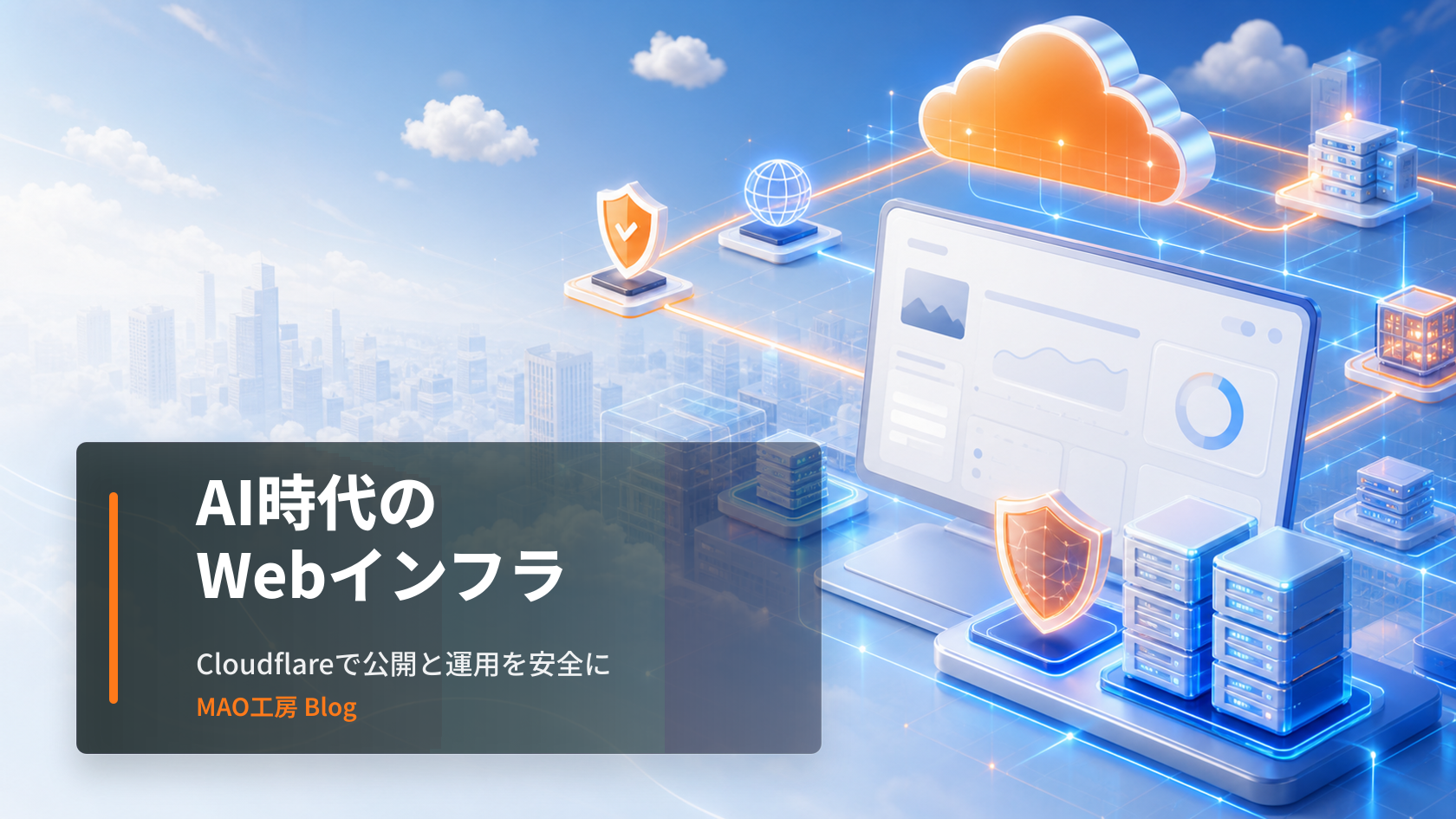 CloudflareのAgent Lee、Dynamic Workflows、Artifactsなどの公式発表をもとに、AIで作ったWebサイトや業務ツールを安全に公開・運用するためのインフラ知識を事業者向けに解説します。を視覚的に表したブログ記事のアイキャッチ画像