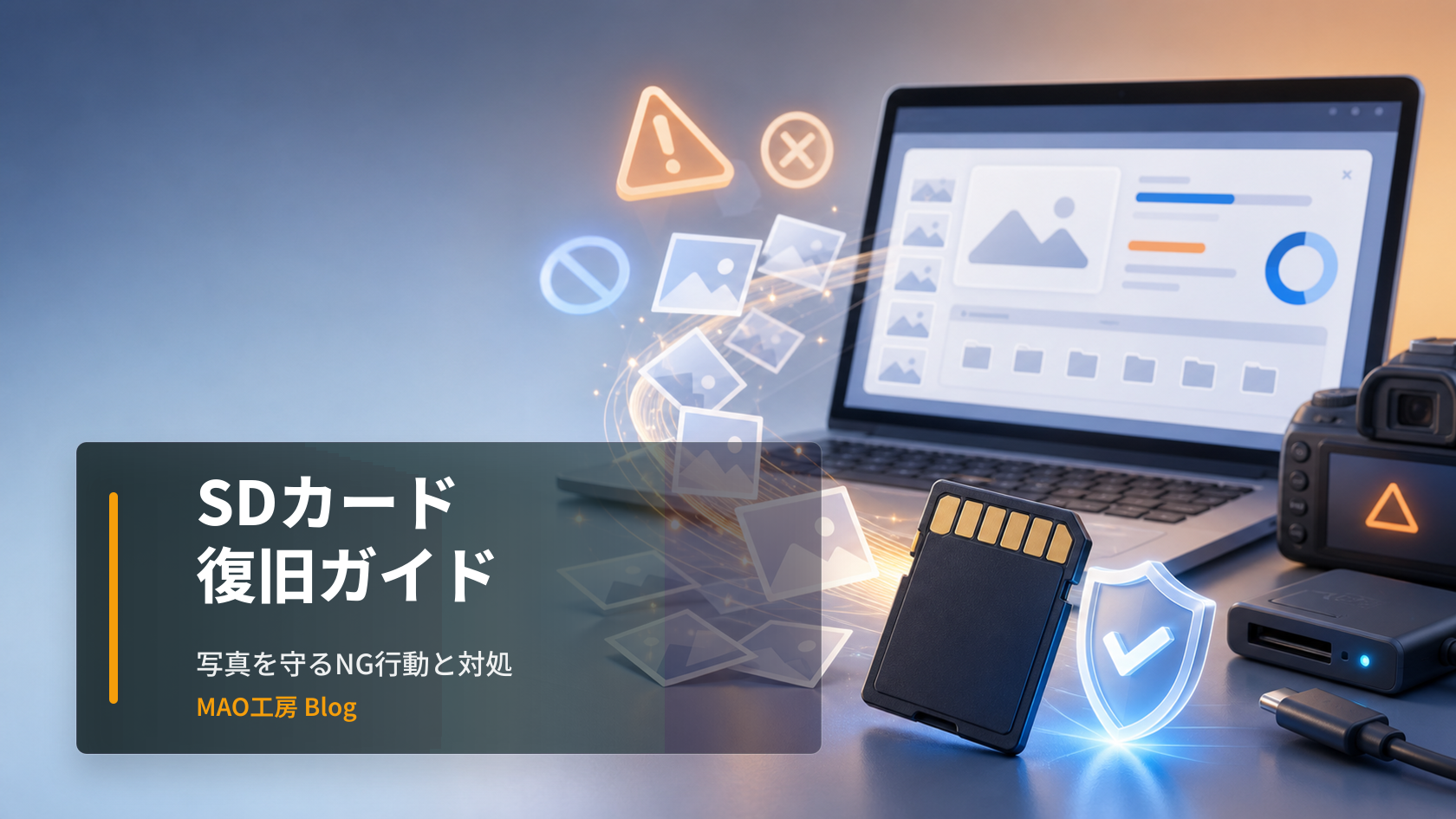 SDカードが壊れて写真が見られなくなった時のNG行動、PhotoRecを使った復旧の流れ、船橋市での写真復旧事例をわかりやすく紹介します。を視覚的に表したブログ記事のアイキャッチ画像